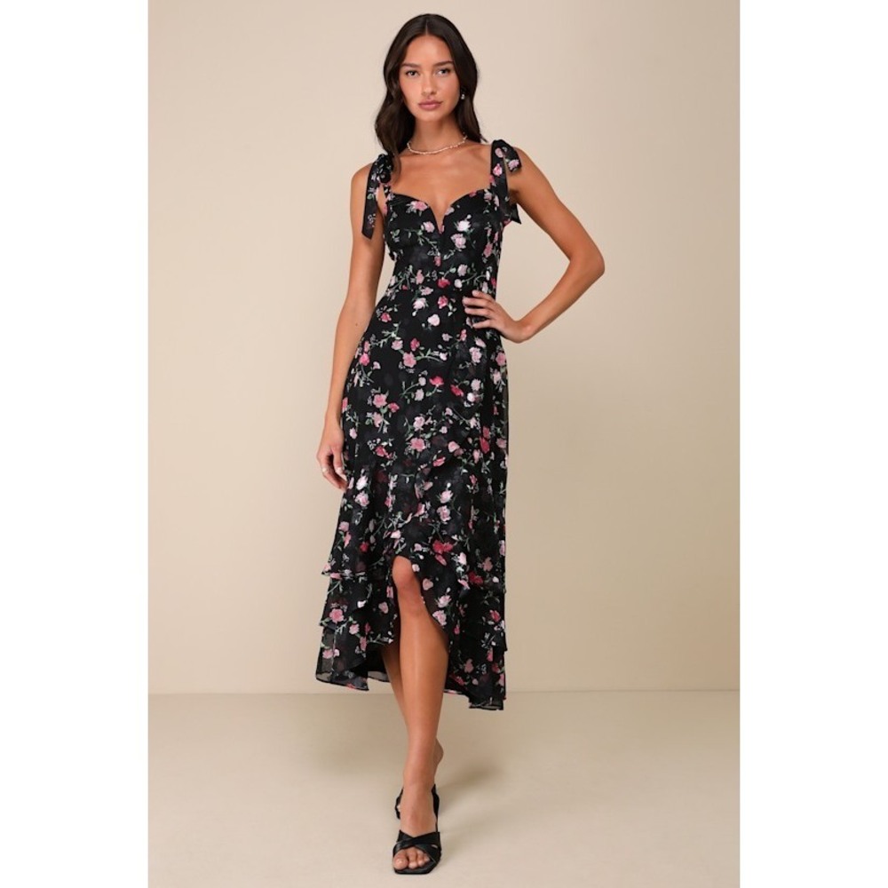 Lulus So Elevated Black Floral Jacquard Tie-strap High-low Midi Dress